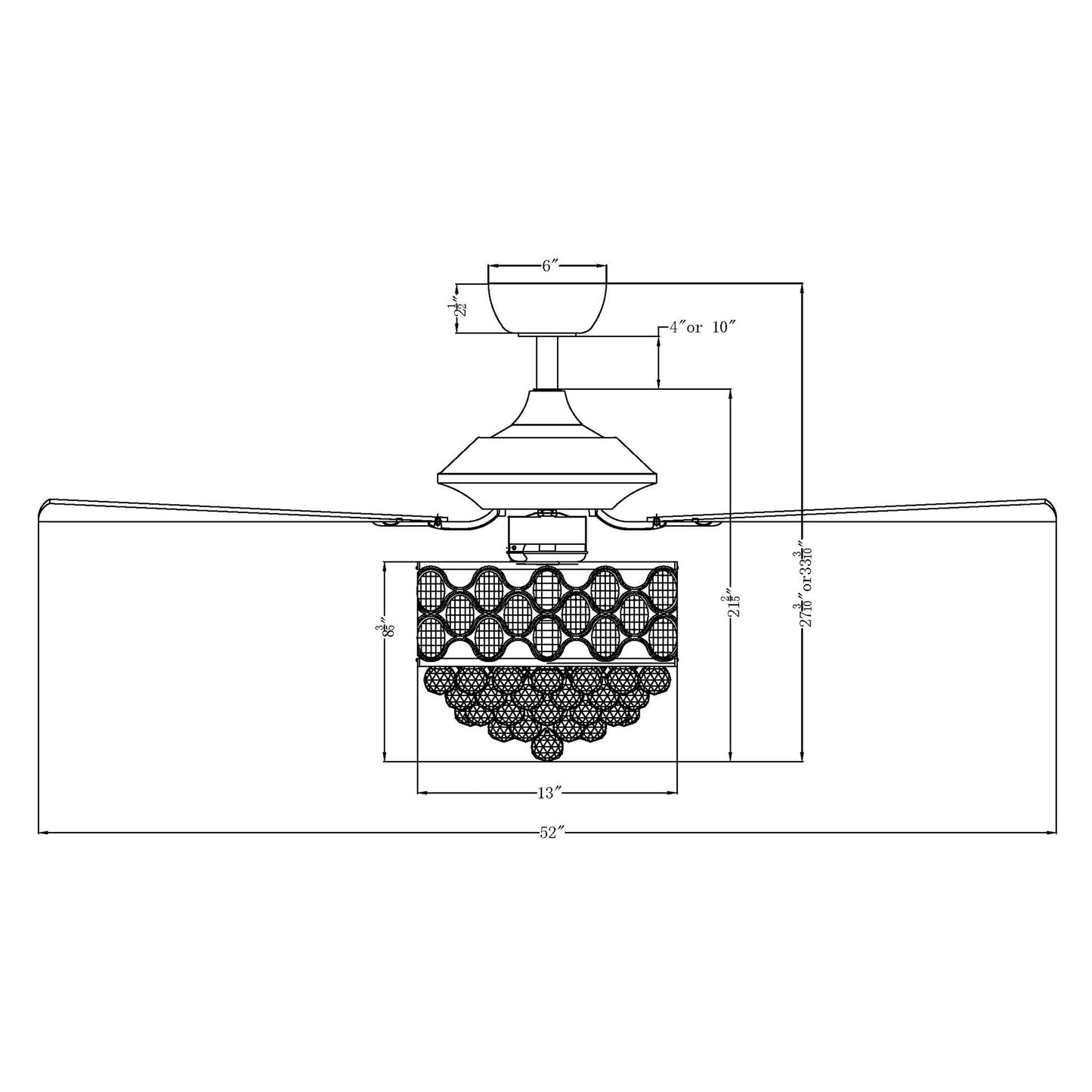 Luminaire à suspension/ventilateur de plafond à 4 lumières en chrome et cristal avec télécommande