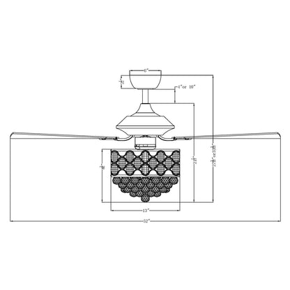 Luminaire à suspension/ventilateur de plafond à 4 lumières en chrome et cristal avec télécommande