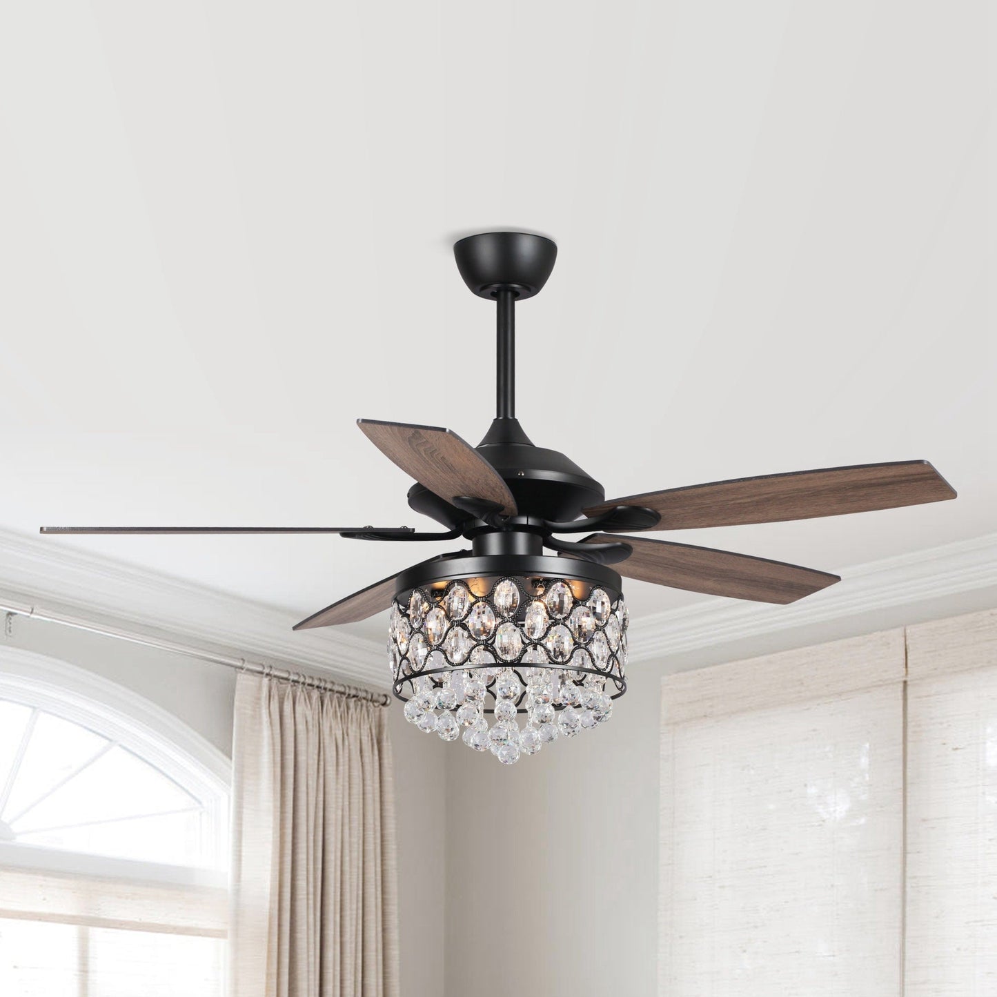 Luminaire à suspension/ventilateur de plafond à 4 lumières en chrome et cristal avec télécommande
