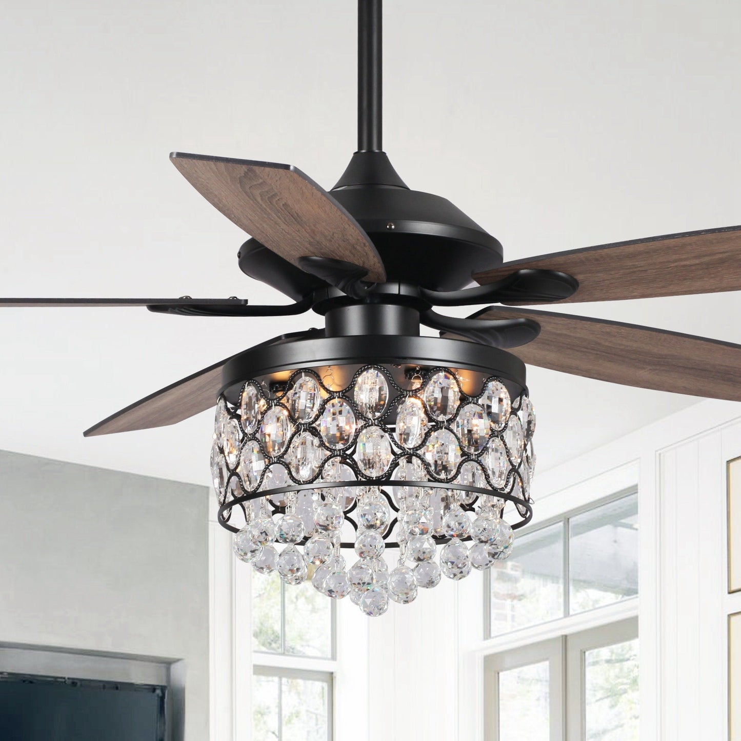 Luminaire à suspension/ventilateur de plafond à 4 lumières en chrome et cristal avec télécommande