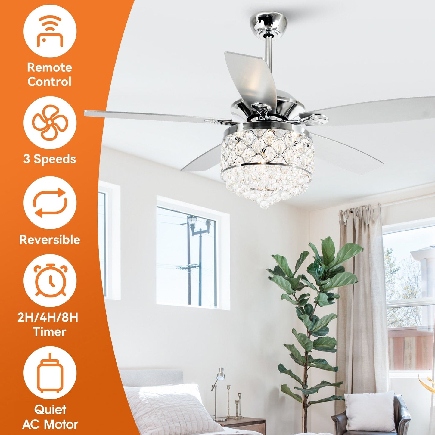 Luminaire à suspension/ventilateur de plafond à 4 lumières en chrome et cristal avec télécommande