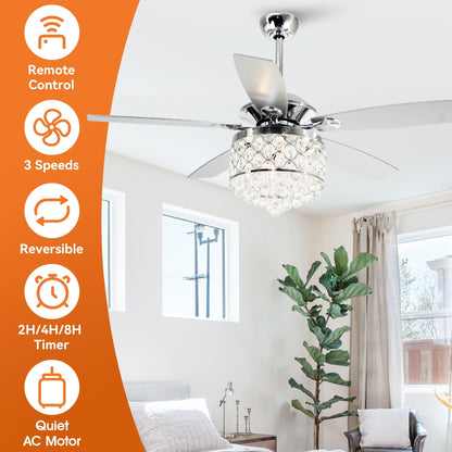 Luminaire à suspension/ventilateur de plafond à 4 lumières en chrome et cristal avec télécommande
