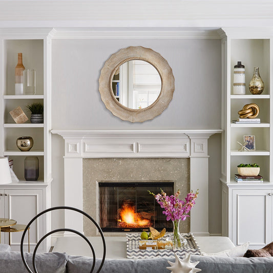 Miroir mural décoratif rond en bois beige bohème de 76 cm pour salle de bain