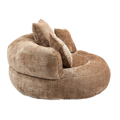 Canapé pouf gigogne en chenille surdimensionné couleur café, 42.52, avec trois coussins pour chambre à coucher.