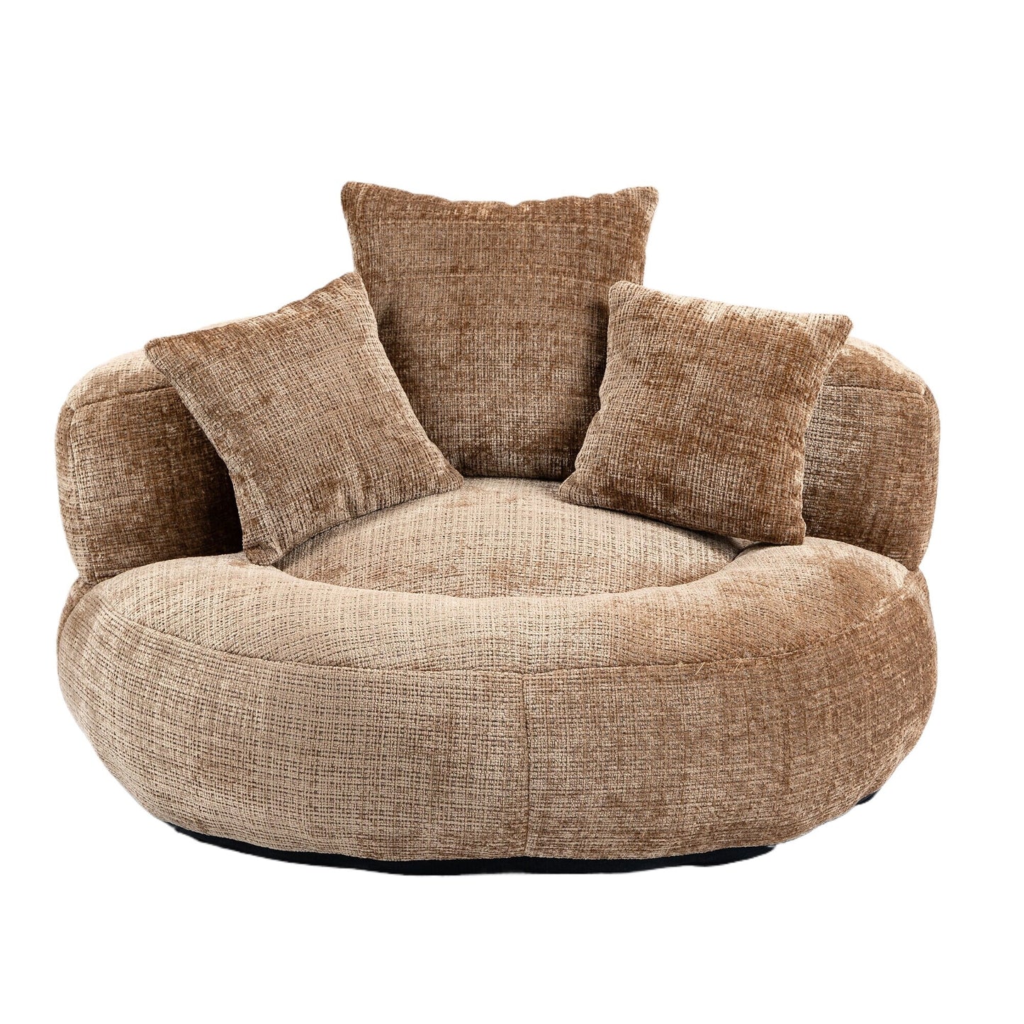 Canapé pouf gigogne en chenille surdimensionné couleur café, 42.52, avec trois coussins pour chambre à coucher.