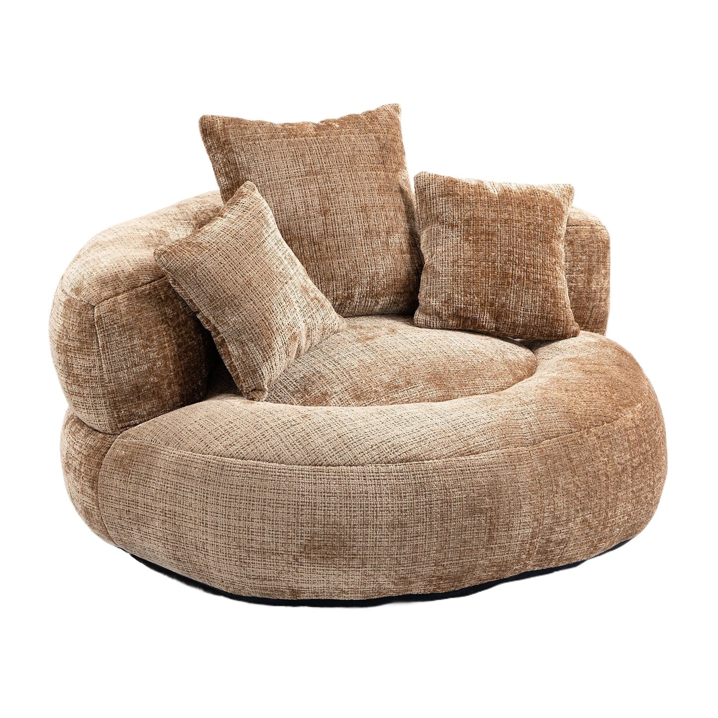 Canapé pouf gigogne en chenille surdimensionné couleur café, 42.52, avec trois coussins pour chambre à coucher.