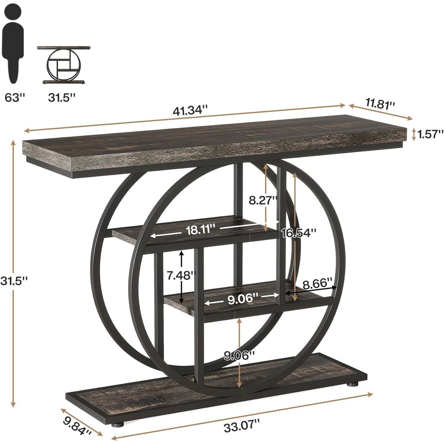 Table de console pour entrée, table d'appoint industrielle à 4 niveaux pour derrière le canapé
