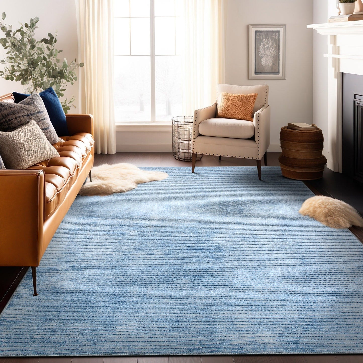 Contemporary Distressed Stripe Machine Washable Area Rug