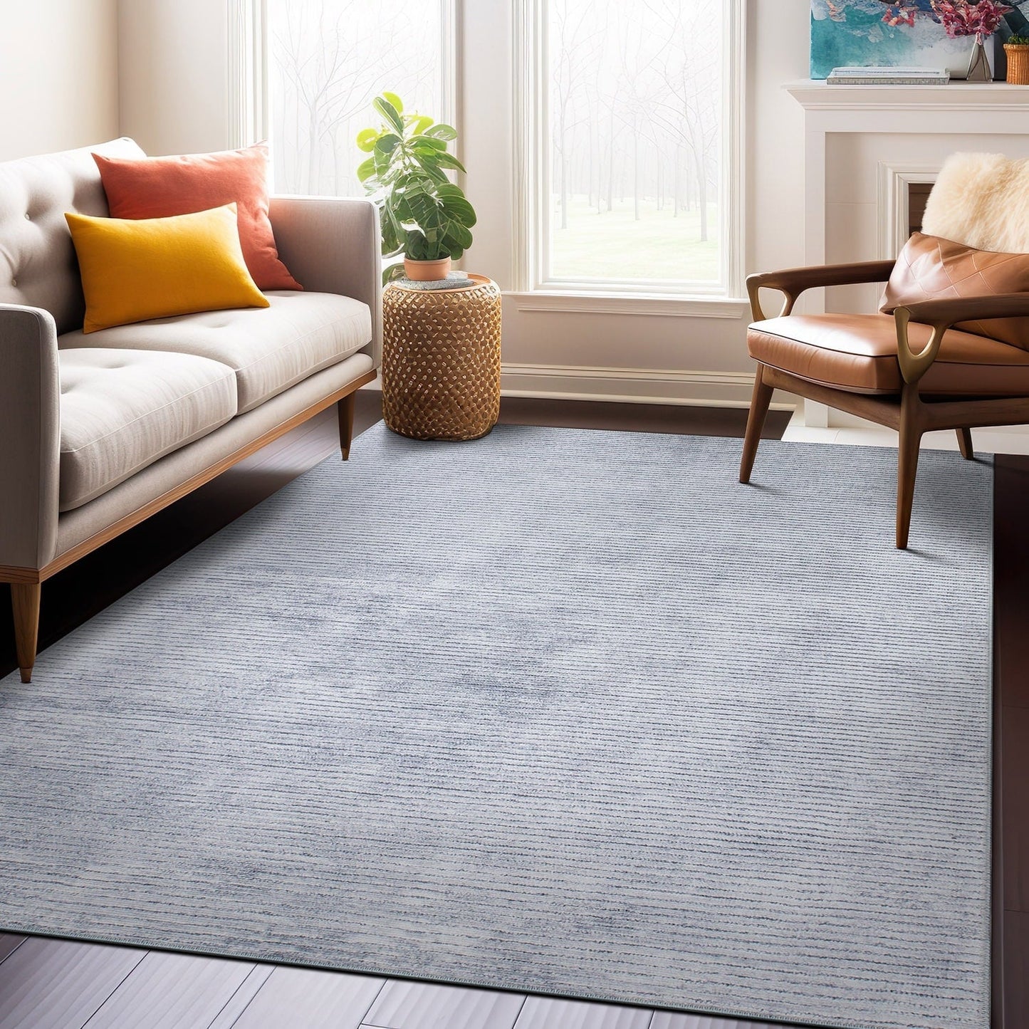 Contemporary Distressed Stripe Machine Washable Area Rug