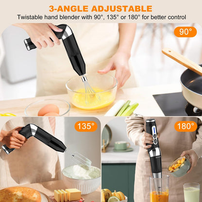 Mixeur à main sans fil : Mixeur plongeant rechargeable par USB 4-en-1, 21 vitesses variables et angle réglable à 3 positions avec hachoir de 700 ml