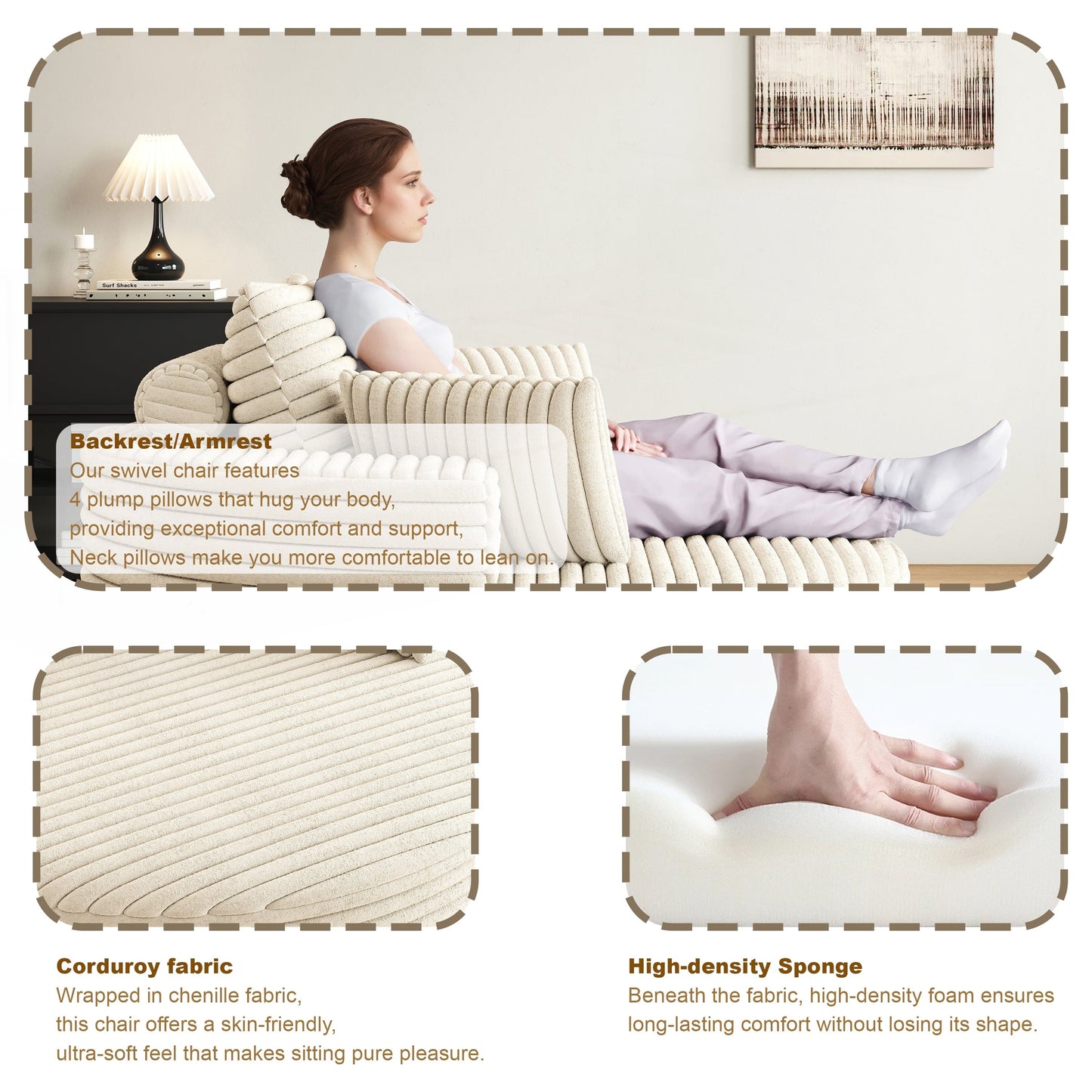 Fauteuil pivotant à une place en mousse et chenille cordouroy