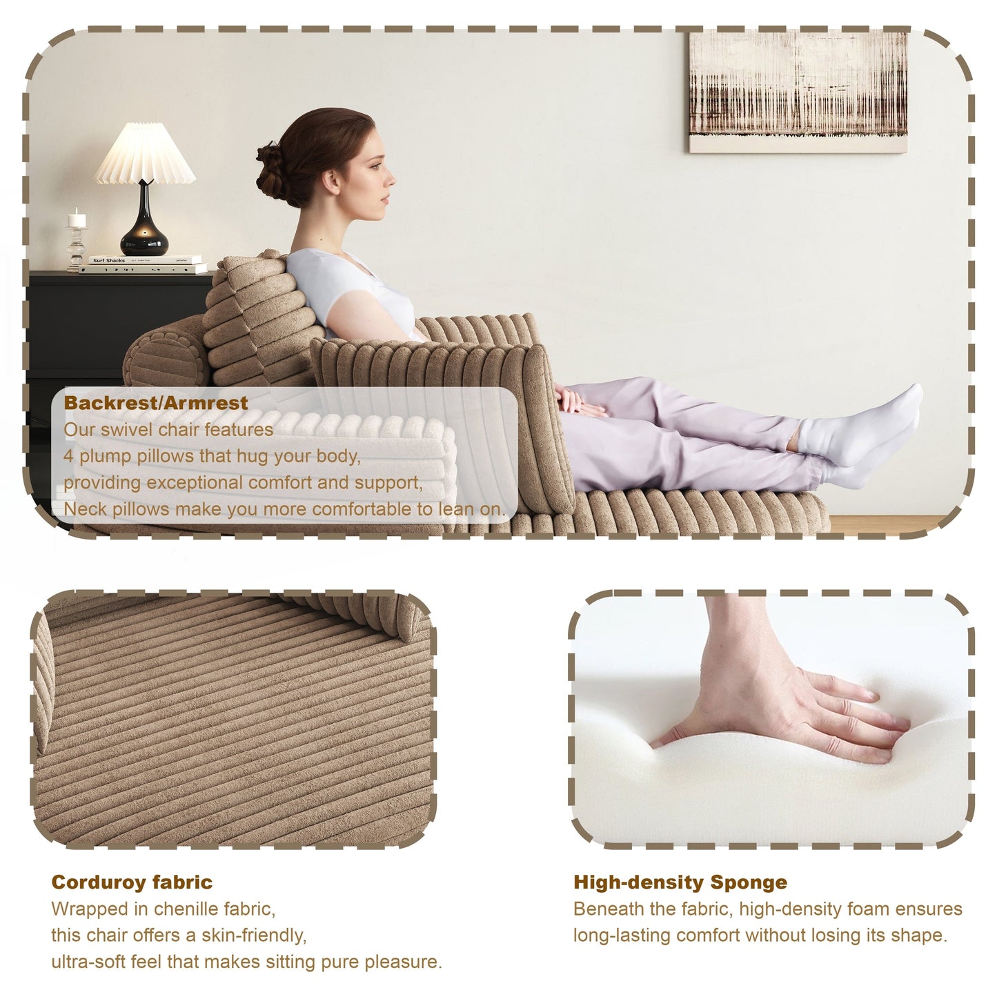 Fauteuil pivotant à une place en mousse et chenille cordouroy