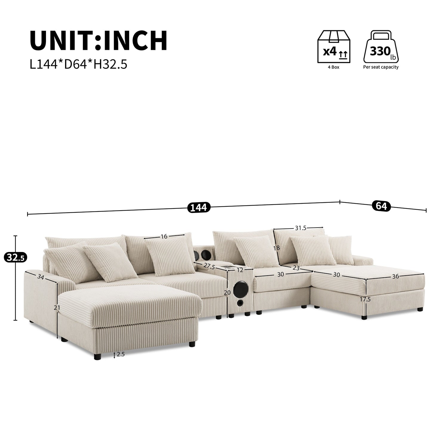 Canapé d'angle en velours côtelé avec haut-parleurs Bluetooth, chargeur USB, porte-gobelets, rangement, pouf, assise profonde et large.