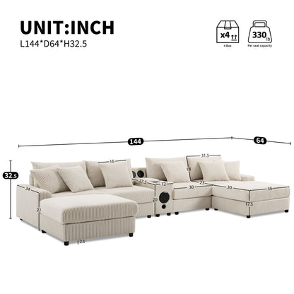 Canapé d'angle en velours côtelé avec haut-parleurs Bluetooth, chargeur USB, porte-gobelets, rangement, pouf, assise profonde et large.