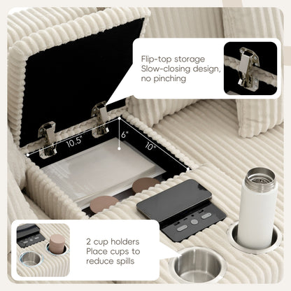 Canapé d'angle en velours côtelé avec haut-parleurs Bluetooth, chargeur USB, porte-gobelets, rangement, pouf, assise profonde et large.