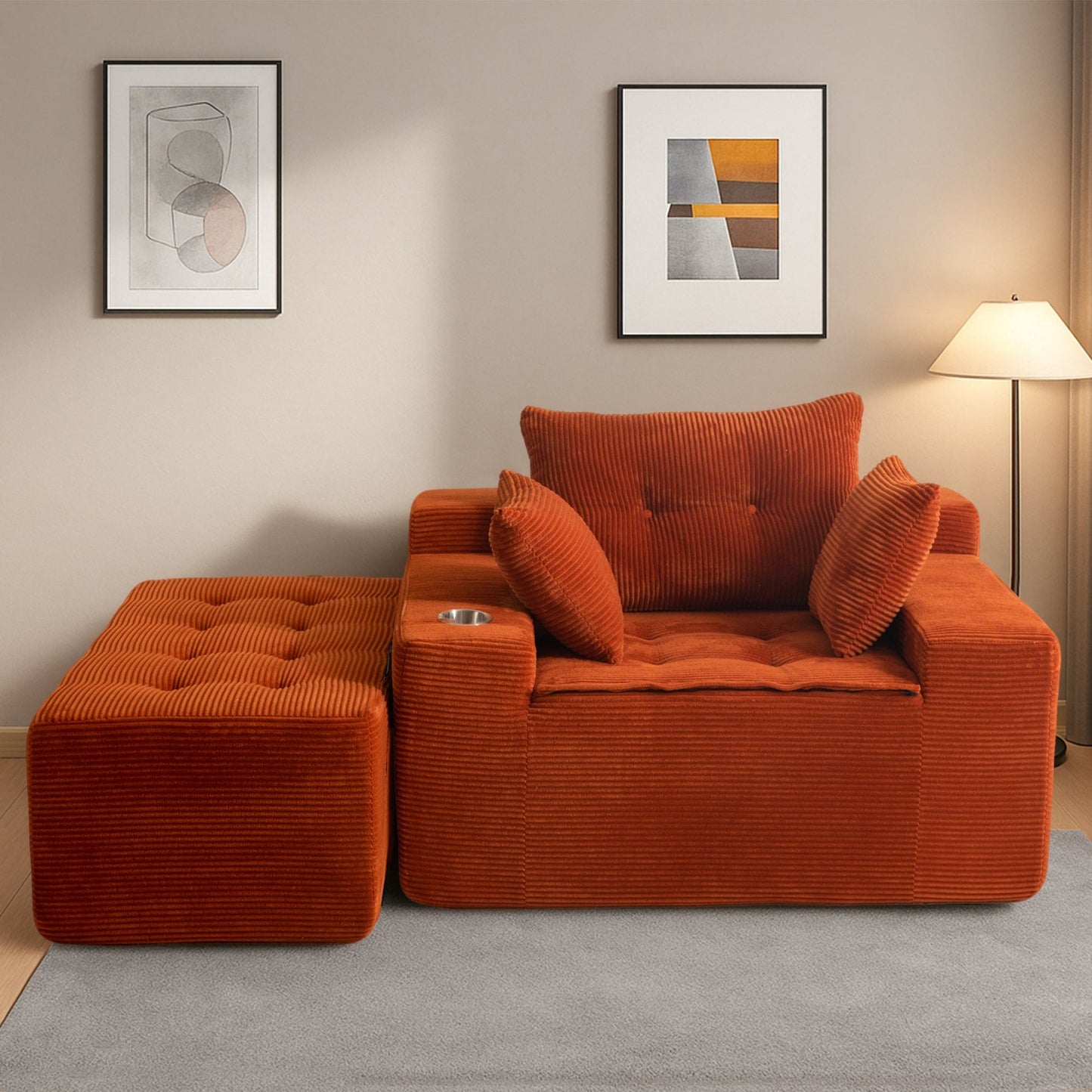 Canapé en mousse à mémoire de forme recouvert de velours côtelé avec pouf, canapé-lit en forme de beanbag - 48.4Lx67.7Wx24.4H