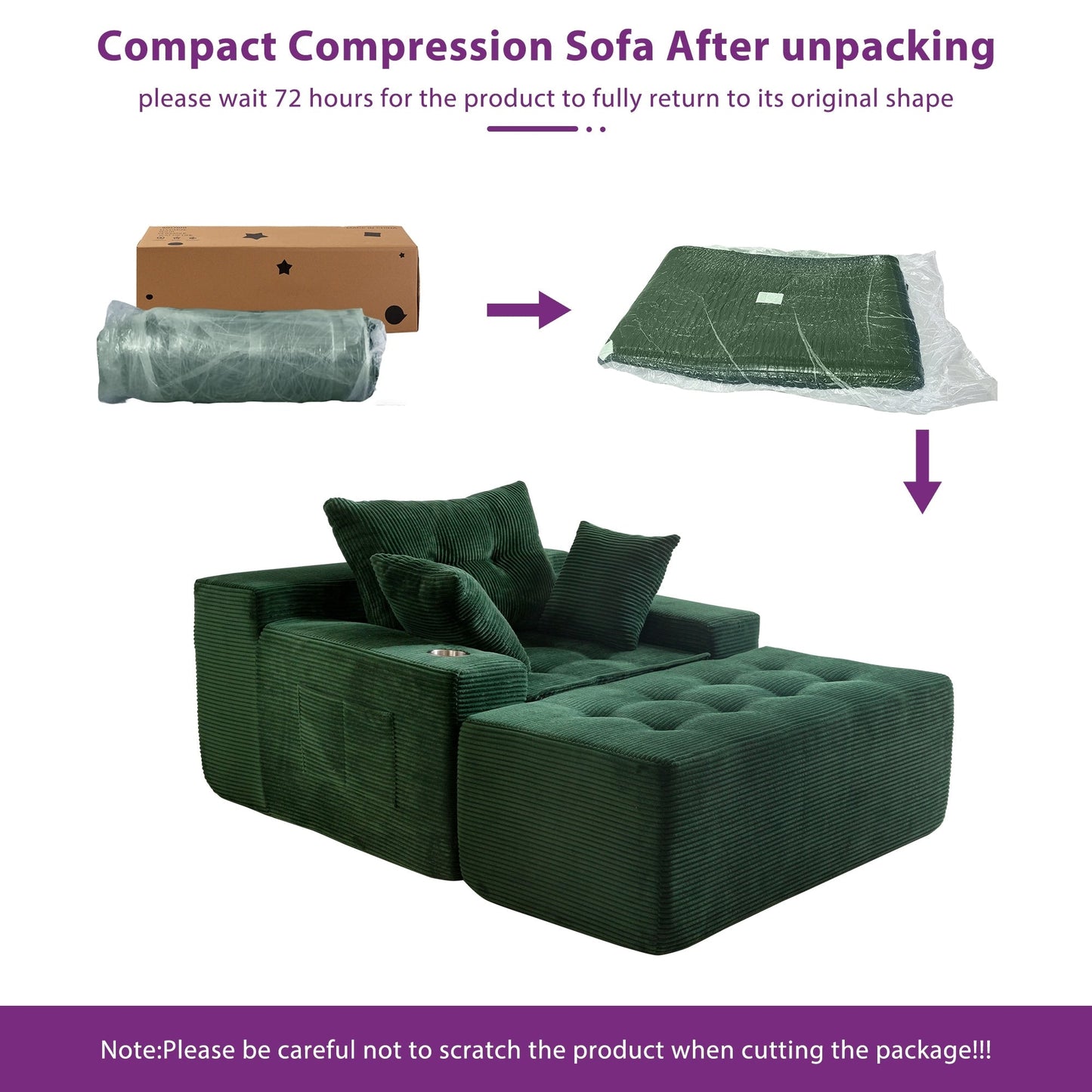 Canapé en mousse à mémoire de forme recouvert de velours côtelé avec pouf, canapé-lit en forme de beanbag - 48.4Lx67.7Wx24.4H
