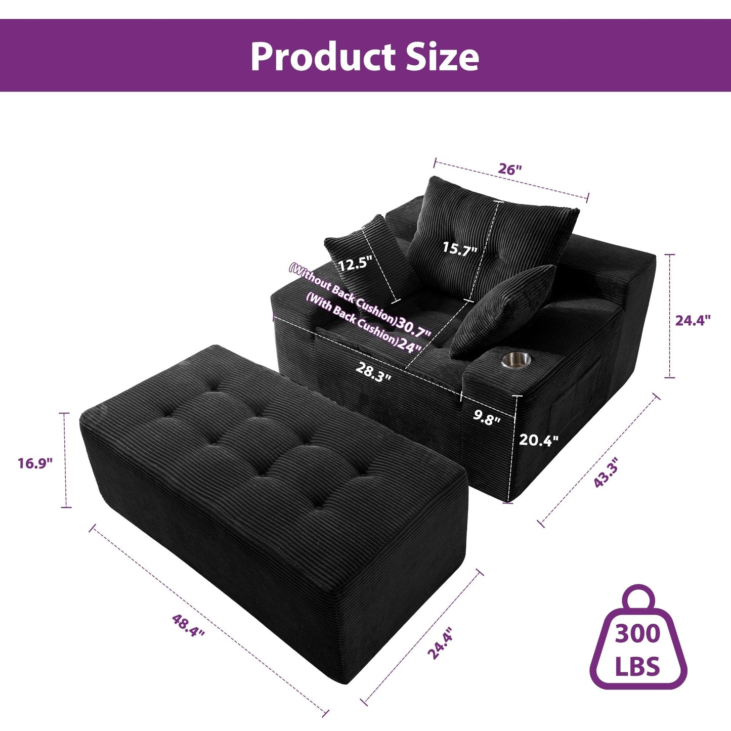 Canapé en mousse à mémoire de forme recouvert de velours côtelé avec pouf, canapé-lit en forme de beanbag - 48.4Lx67.7Wx24.4H