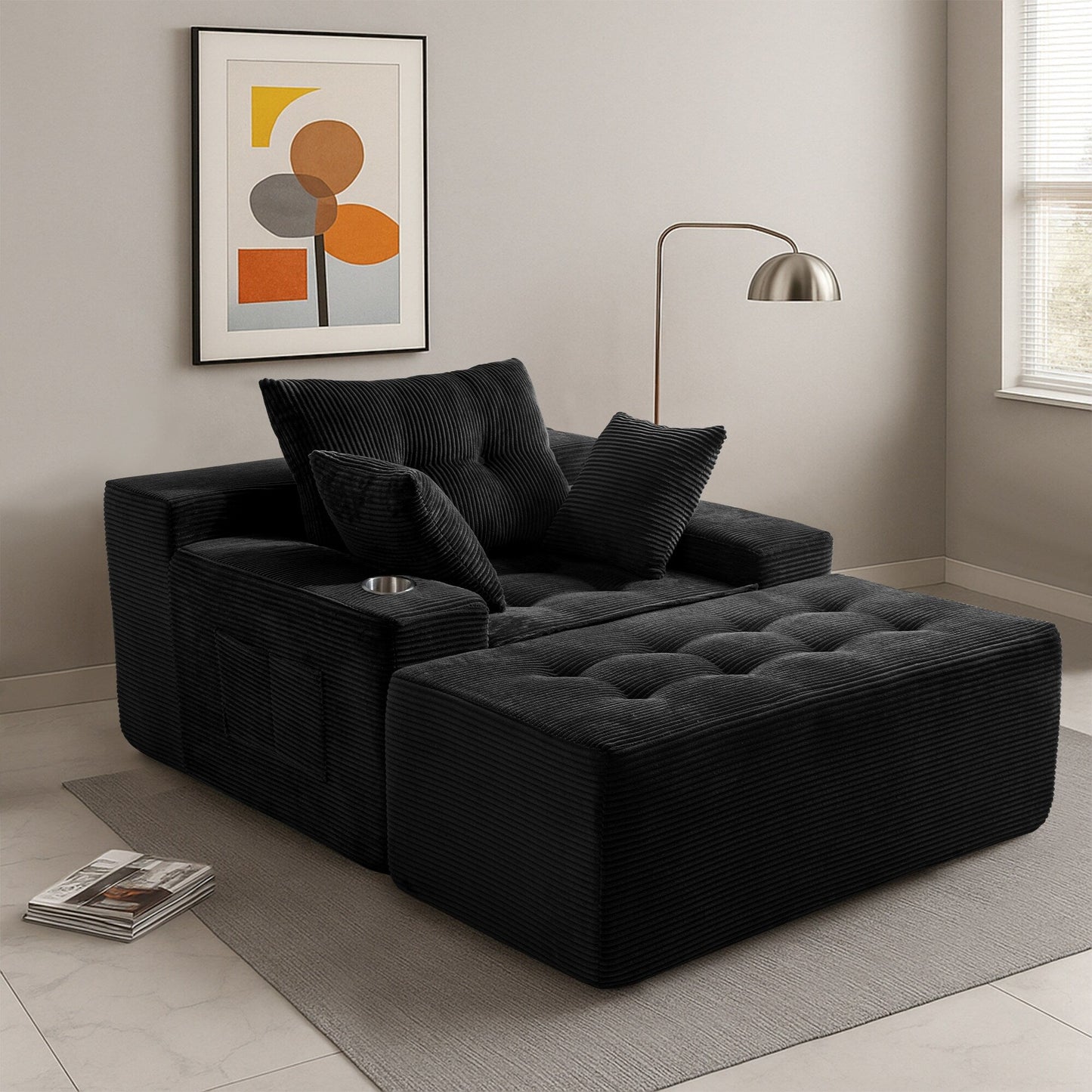 Canapé en mousse à mémoire de forme recouvert de velours côtelé avec pouf, canapé-lit en forme de beanbag - 48.4Lx67.7Wx24.4H