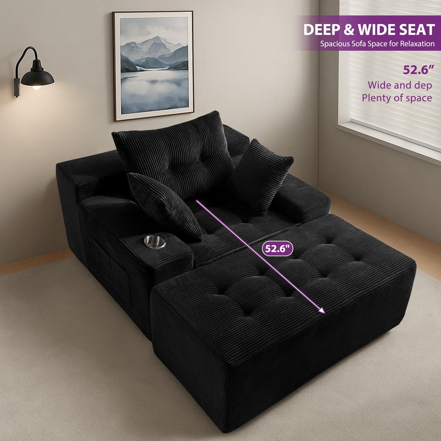 Canapé en mousse à mémoire de forme recouvert de velours côtelé avec pouf, canapé-lit en forme de beanbag - 48.4Lx67.7Wx24.4H
