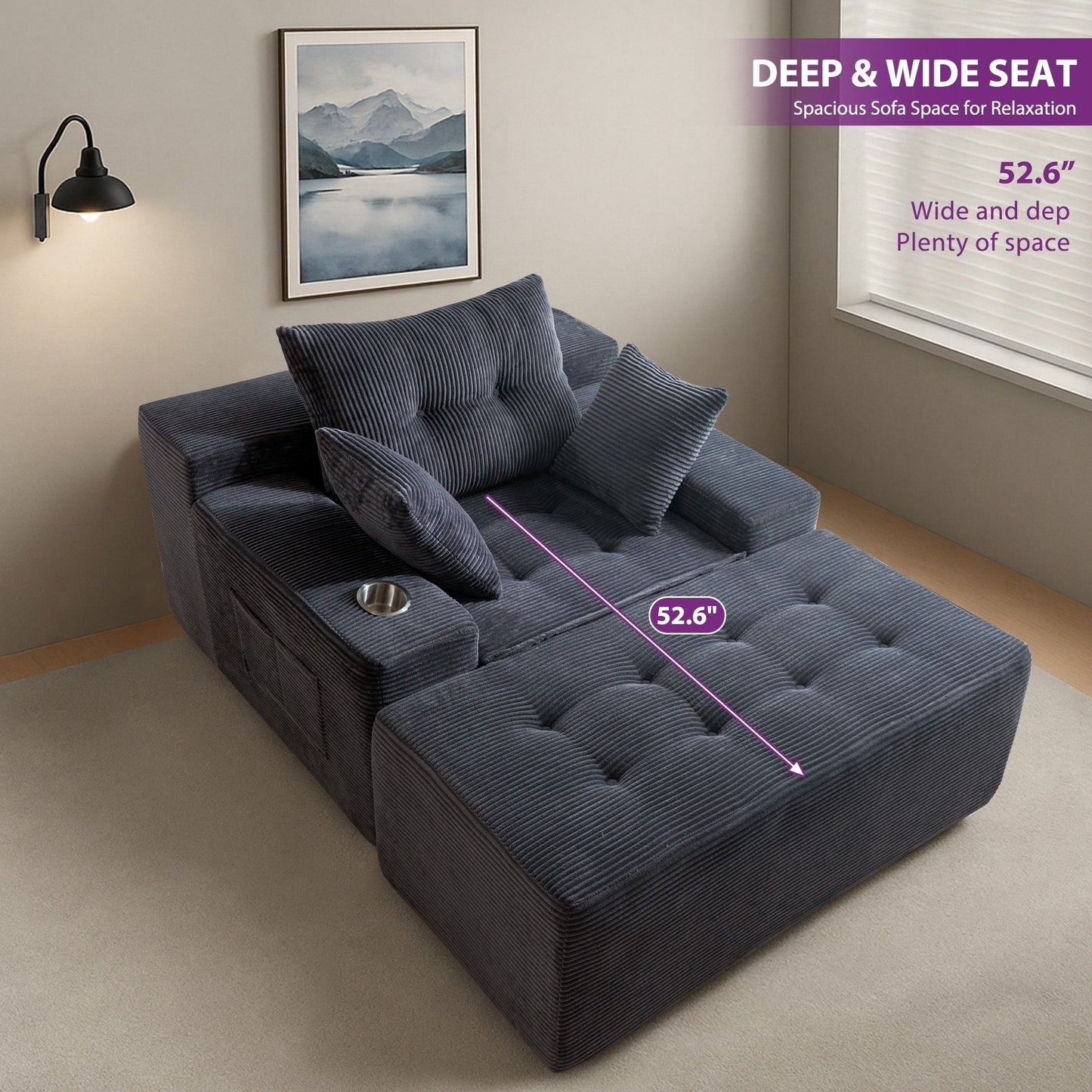 Canapé en mousse à mémoire de forme recouvert de velours côtelé avec pouf, canapé-lit en forme de beanbag - 48.4Lx67.7Wx24.4H