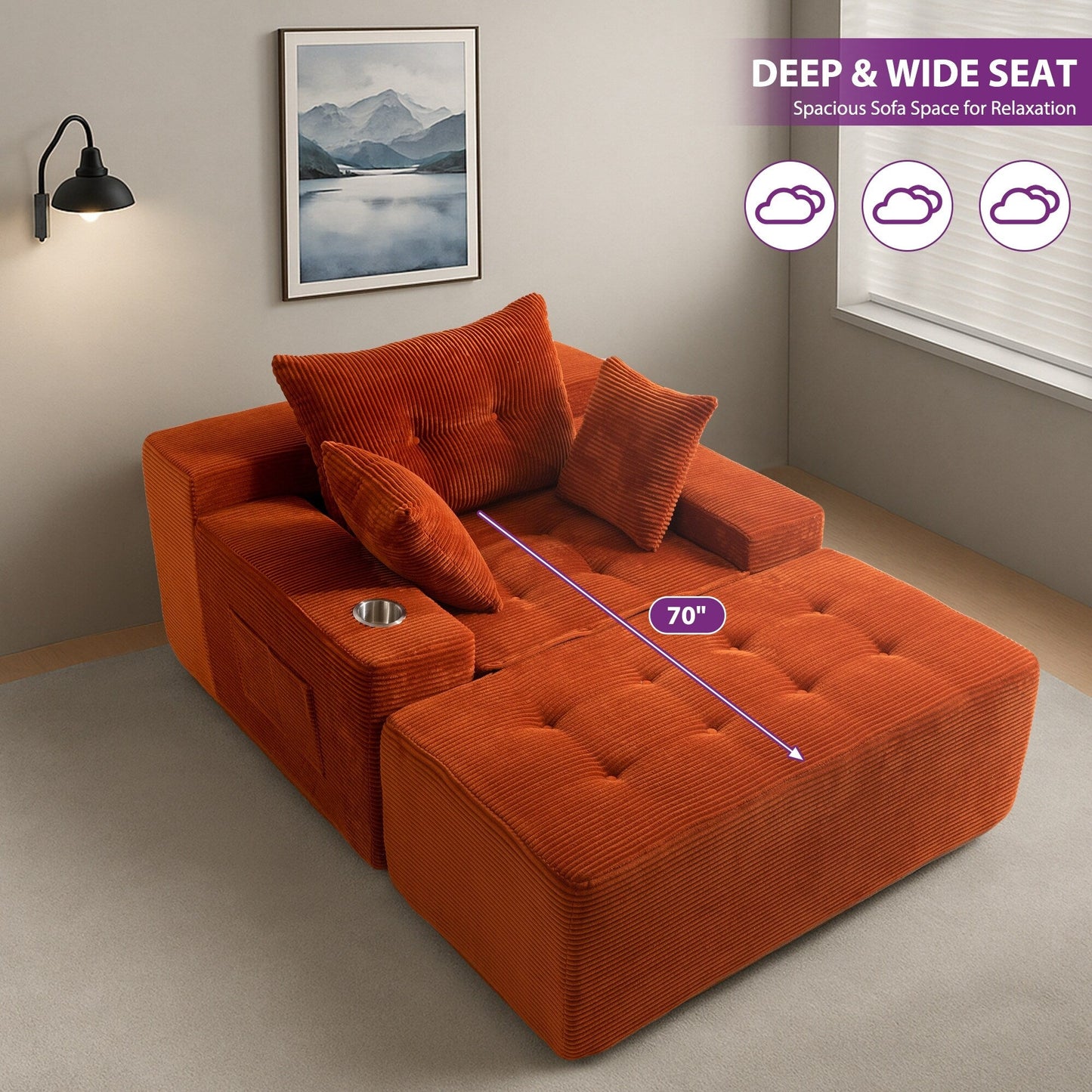 Canapé en mousse à mémoire de forme recouvert de velours côtelé avec pouf, canapé-lit en forme de beanbag - 48.4Lx67.7Wx24.4H