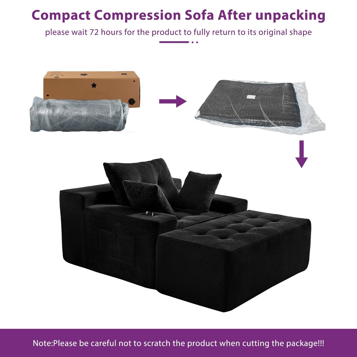 Canapé en mousse à mémoire de forme recouvert de velours côtelé avec pouf, canapé-lit en forme de beanbag - 48.4Lx67.7Wx24.4H