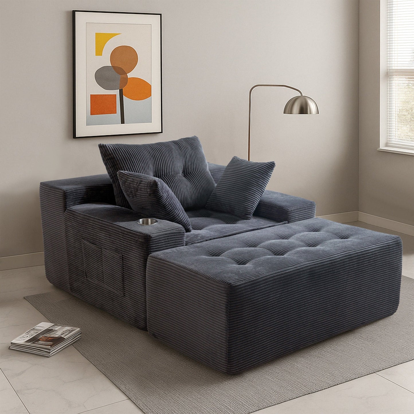 Canapé en mousse à mémoire de forme recouvert de velours côtelé avec pouf, canapé-lit en forme de beanbag - 48.4Lx67.7Wx24.4H