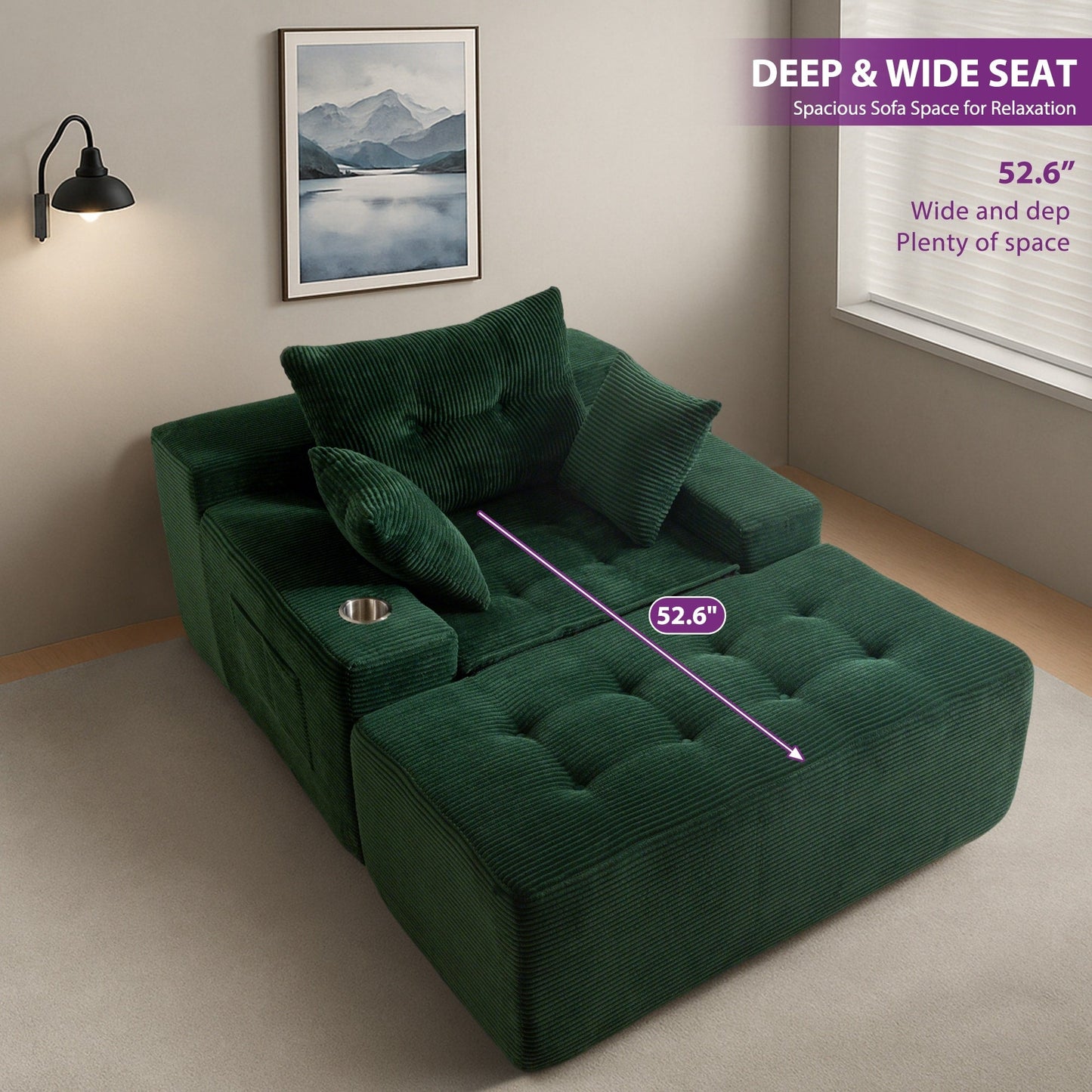 Canapé en mousse à mémoire de forme recouvert de velours côtelé avec pouf, canapé-lit en forme de beanbag - 48.4Lx67.7Wx24.4H