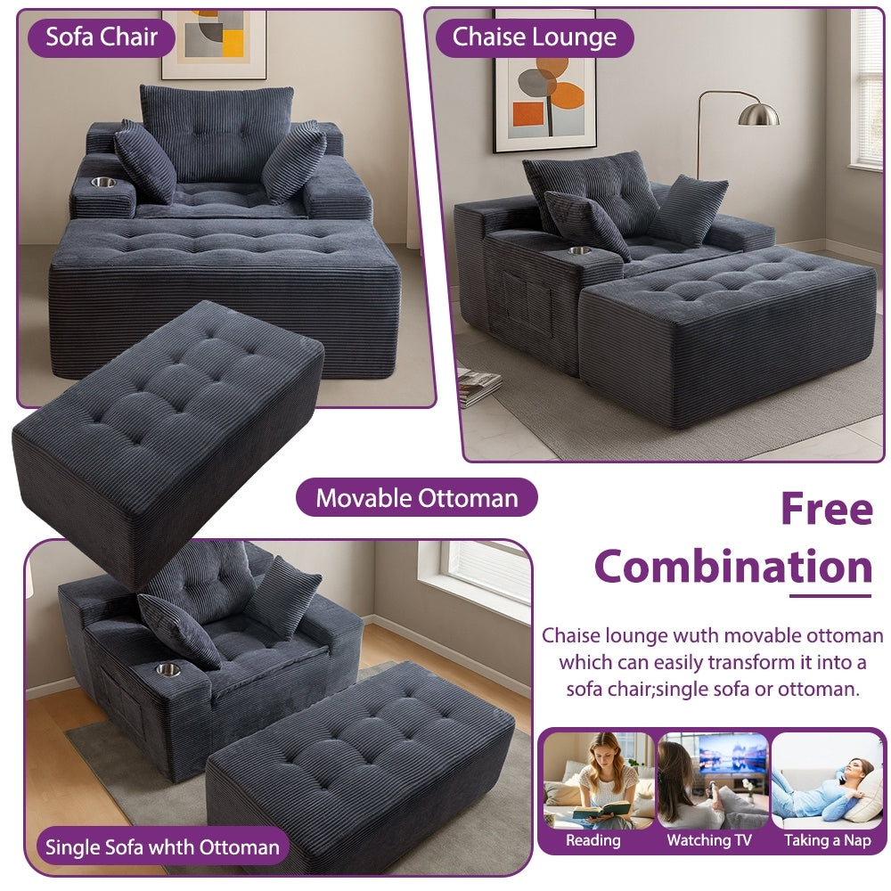 Canapé en mousse à mémoire de forme recouvert de velours côtelé avec pouf, canapé-lit en forme de beanbag - 48.4Lx67.7Wx24.4H