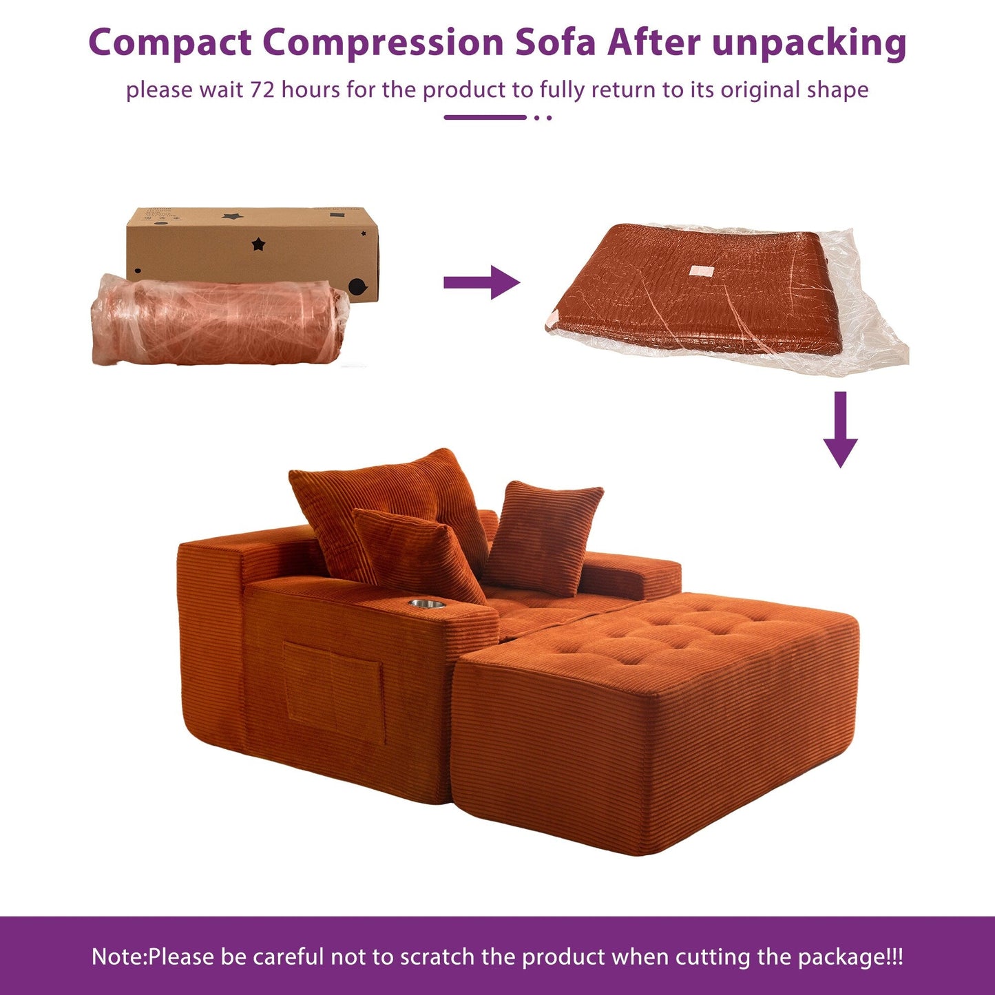 Canapé en mousse à mémoire de forme recouvert de velours côtelé avec pouf, canapé-lit en forme de beanbag - 48.4Lx67.7Wx24.4H