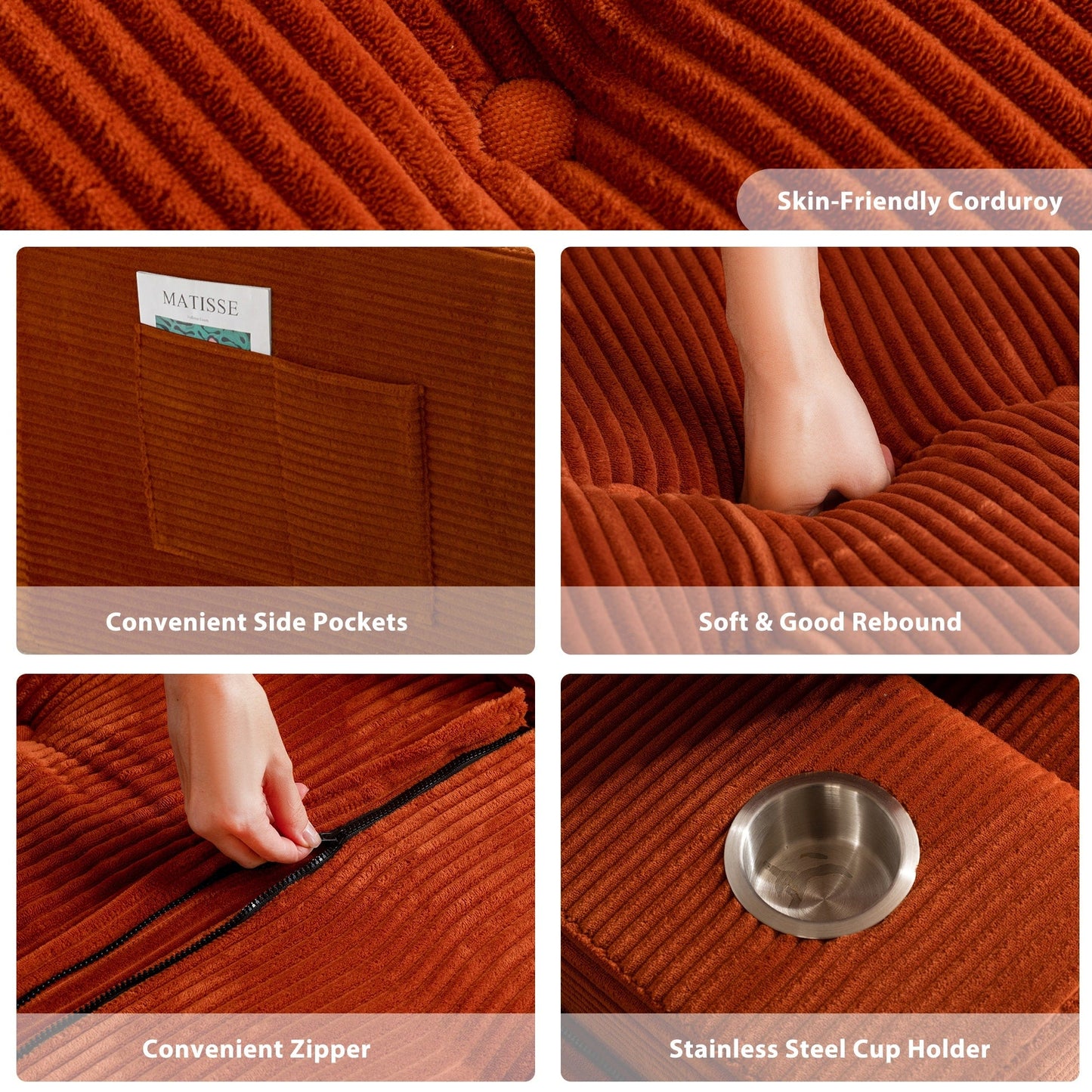 Canapé en mousse à mémoire de forme recouvert de velours côtelé avec pouf, canapé-lit en forme de beanbag - 48.4Lx67.7Wx24.4H