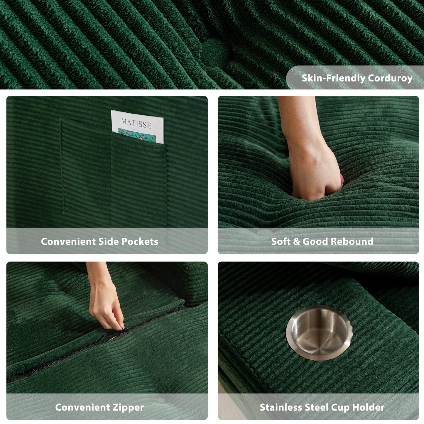 Canapé en mousse à mémoire de forme recouvert de velours côtelé avec pouf, canapé-lit en forme de beanbag - 48.4Lx67.7Wx24.4H
