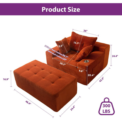 Canapé en mousse à mémoire de forme recouvert de velours côtelé avec pouf, canapé-lit en forme de beanbag - 48.4Lx67.7Wx24.4H
