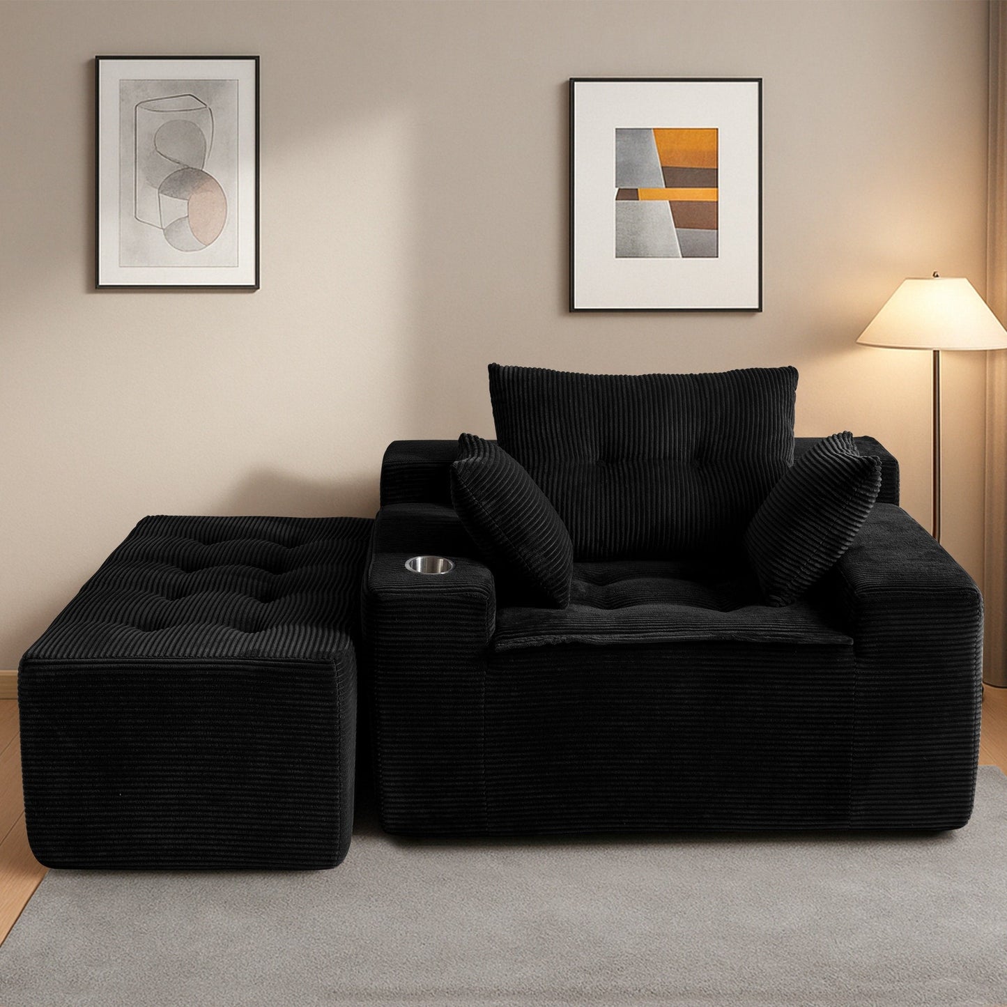 Canapé en mousse à mémoire de forme recouvert de velours côtelé avec pouf, canapé-lit en forme de beanbag - 48.4Lx67.7Wx24.4H