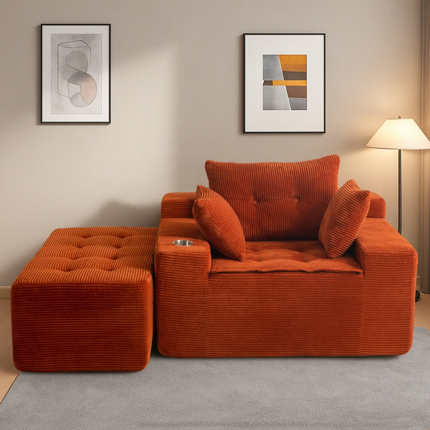 Canapé en mousse à mémoire de forme recouvert de velours côtelé avec pouf, canapé-lit en forme de beanbag - 48.4Lx67.7Wx24.4H