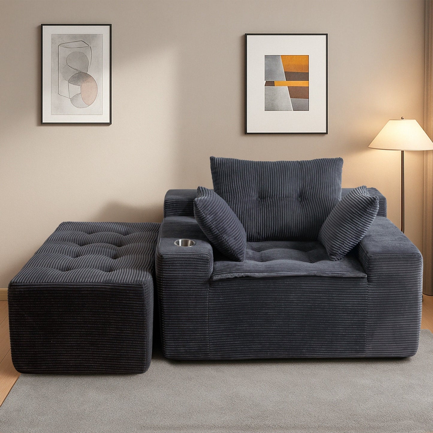 Canapé en mousse à mémoire de forme recouvert de velours côtelé avec pouf, canapé-lit en forme de beanbag - 48.4Lx67.7Wx24.4H