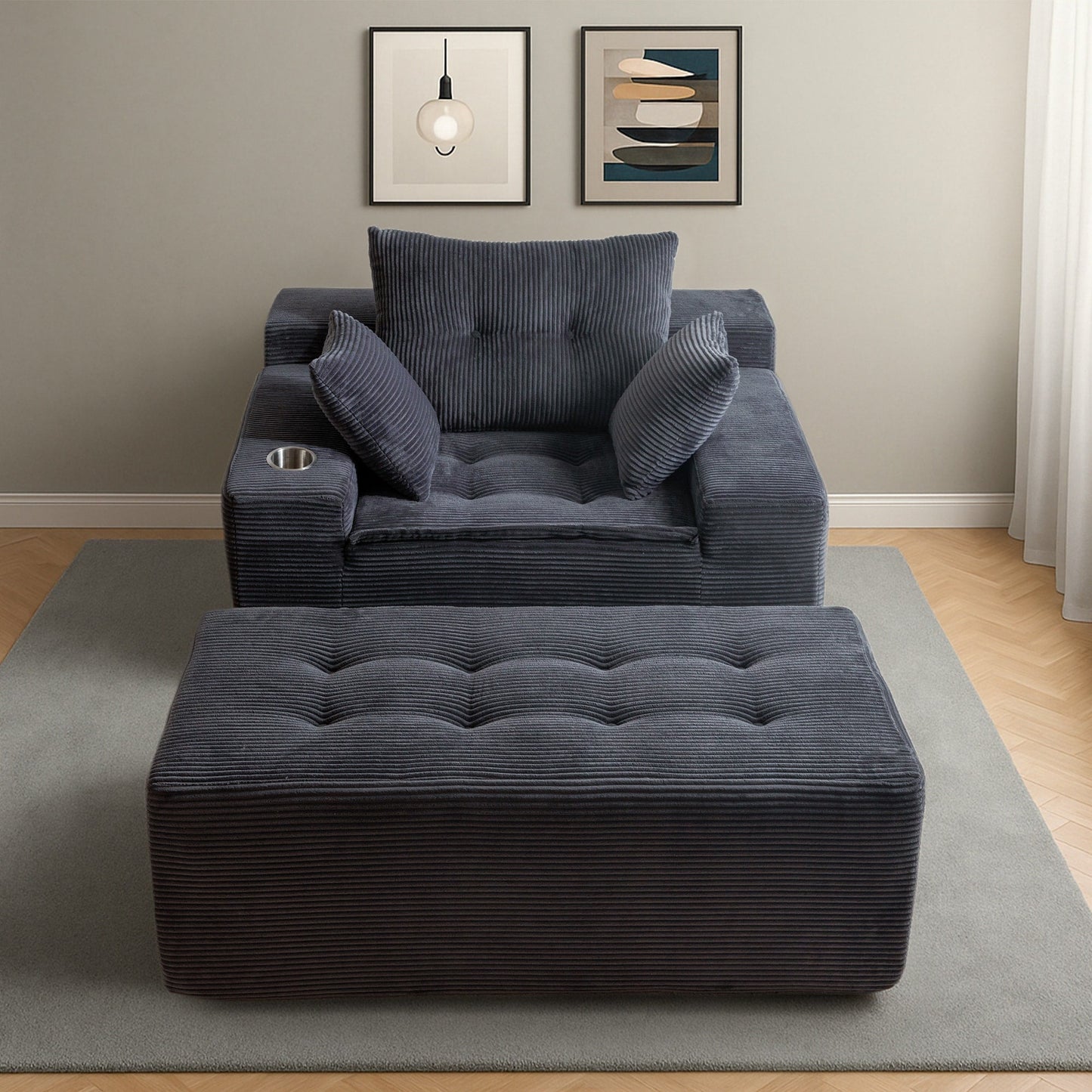 Canapé en mousse à mémoire de forme recouvert de velours côtelé avec pouf, canapé-lit en forme de beanbag - 48.4Lx67.7Wx24.4H