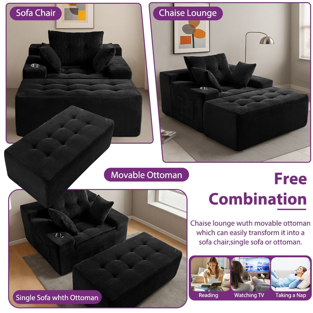 Canapé en mousse à mémoire de forme recouvert de velours côtelé avec pouf, canapé-lit en forme de beanbag - 48.4Lx67.7Wx24.4H