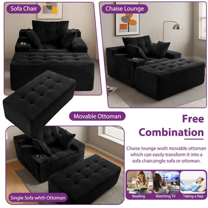 Canapé en mousse à mémoire de forme recouvert de velours côtelé avec pouf, canapé-lit en forme de beanbag - 48.4Lx67.7Wx24.4H