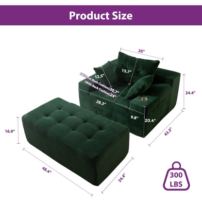 Canapé en mousse à mémoire de forme recouvert de velours côtelé avec pouf, canapé-lit en forme de beanbag - 48.4Lx67.7Wx24.4H