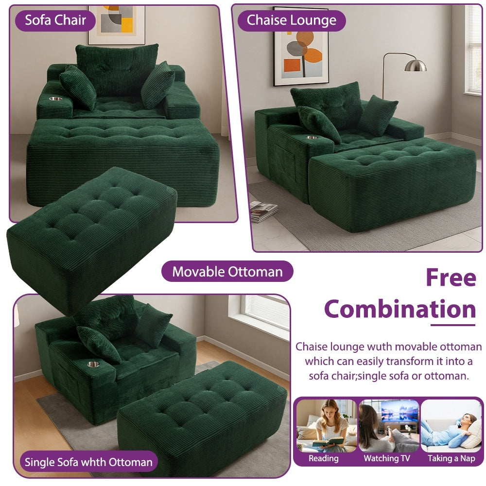 Canapé en mousse à mémoire de forme recouvert de velours côtelé avec pouf, canapé-lit en forme de beanbag - 48.4Lx67.7Wx24.4H