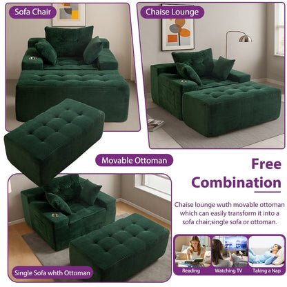 Canapé en mousse à mémoire de forme recouvert de velours côtelé avec pouf, canapé-lit en forme de beanbag - 48.4Lx67.7Wx24.4H