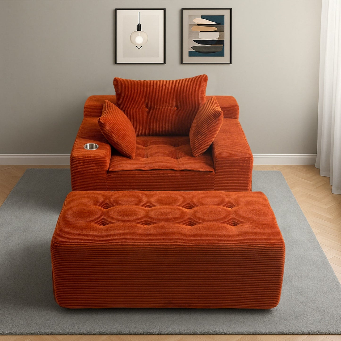 Canapé en mousse à mémoire de forme recouvert de velours côtelé avec pouf, canapé-lit en forme de beanbag - 48.4Lx67.7Wx24.4H