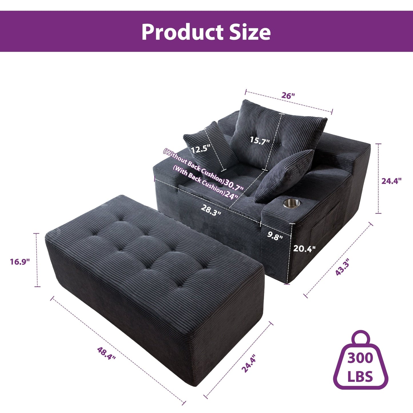Canapé en mousse à mémoire de forme recouvert de velours côtelé avec pouf, canapé-lit en forme de beanbag - 48.4Lx67.7Wx24.4H