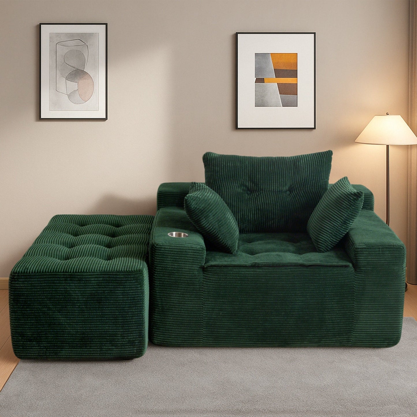 Canapé en mousse à mémoire de forme recouvert de velours côtelé avec pouf, canapé-lit en forme de beanbag - 48.4Lx67.7Wx24.4H