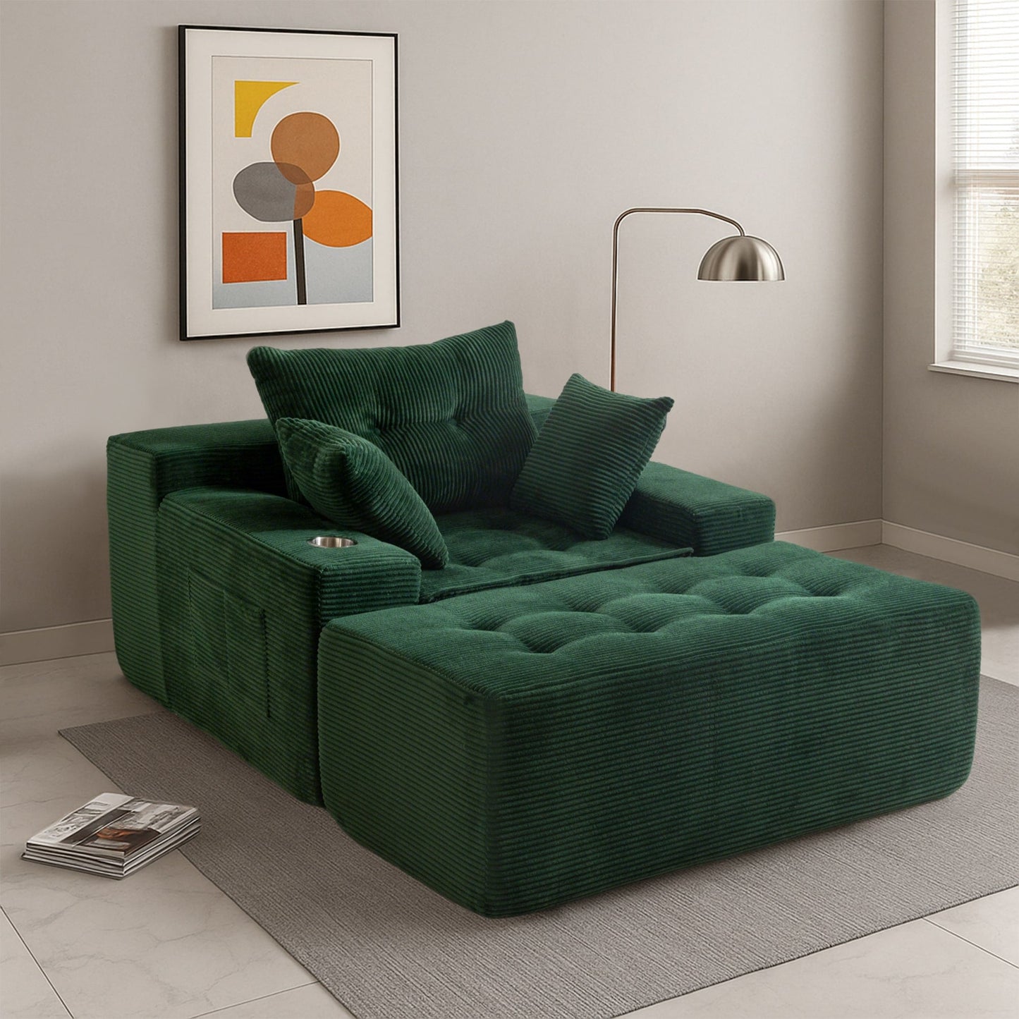 Canapé en mousse à mémoire de forme recouvert de velours côtelé avec pouf, canapé-lit en forme de beanbag - 48.4Lx67.7Wx24.4H