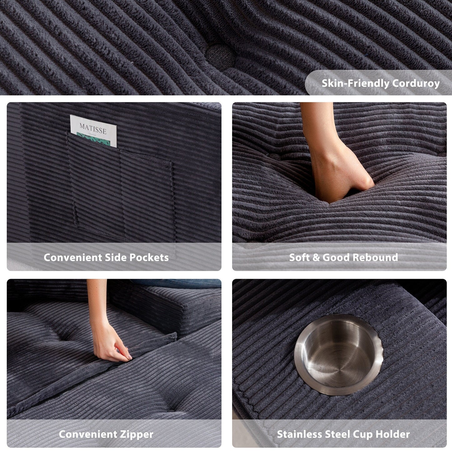 Canapé en mousse à mémoire de forme recouvert de velours côtelé avec pouf, canapé-lit en forme de beanbag - 48.4Lx67.7Wx24.4H