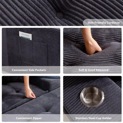 Canapé en mousse à mémoire de forme recouvert de velours côtelé avec pouf, canapé-lit en forme de beanbag - 48.4Lx67.7Wx24.4H