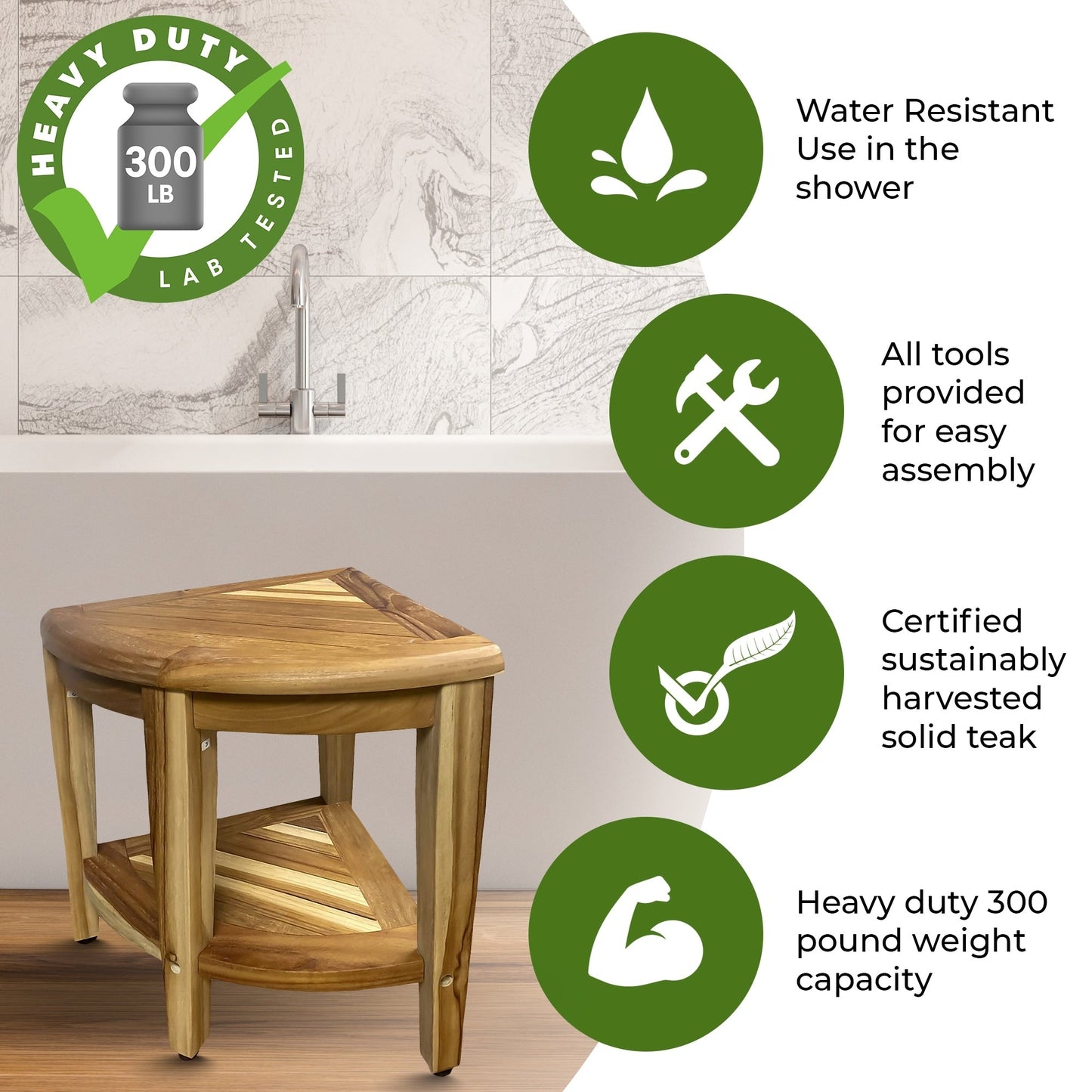 EcoDecors, Banc de douche d'angle Snazzy, Tabouret de douche en teck, Tabouret d'angle pour douche, Banc d'angle pour douche en teck, avec étagère